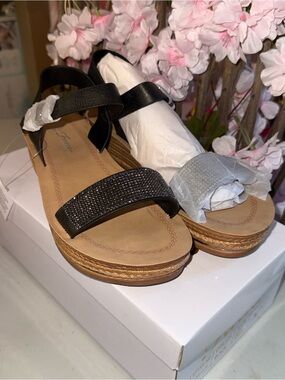 Women's Black Strappy Wedge Sandals with Embellished Front Strap